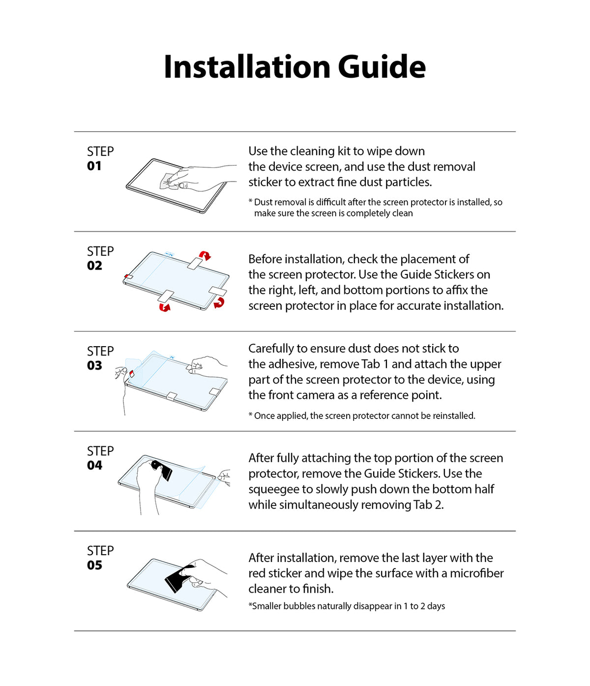 Paper Touch Film Hard | iPad - Five-step illustrated guide for installing an iPad screen protector using cleaning and guide tools.