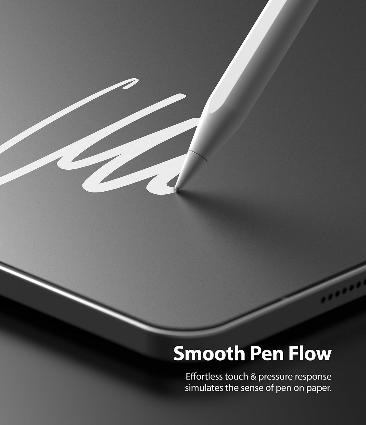 Paper Touch Film Hard | iPad - White stylus drawing a smooth line on a matte iPad screen, simulating the feel of pen on paper.