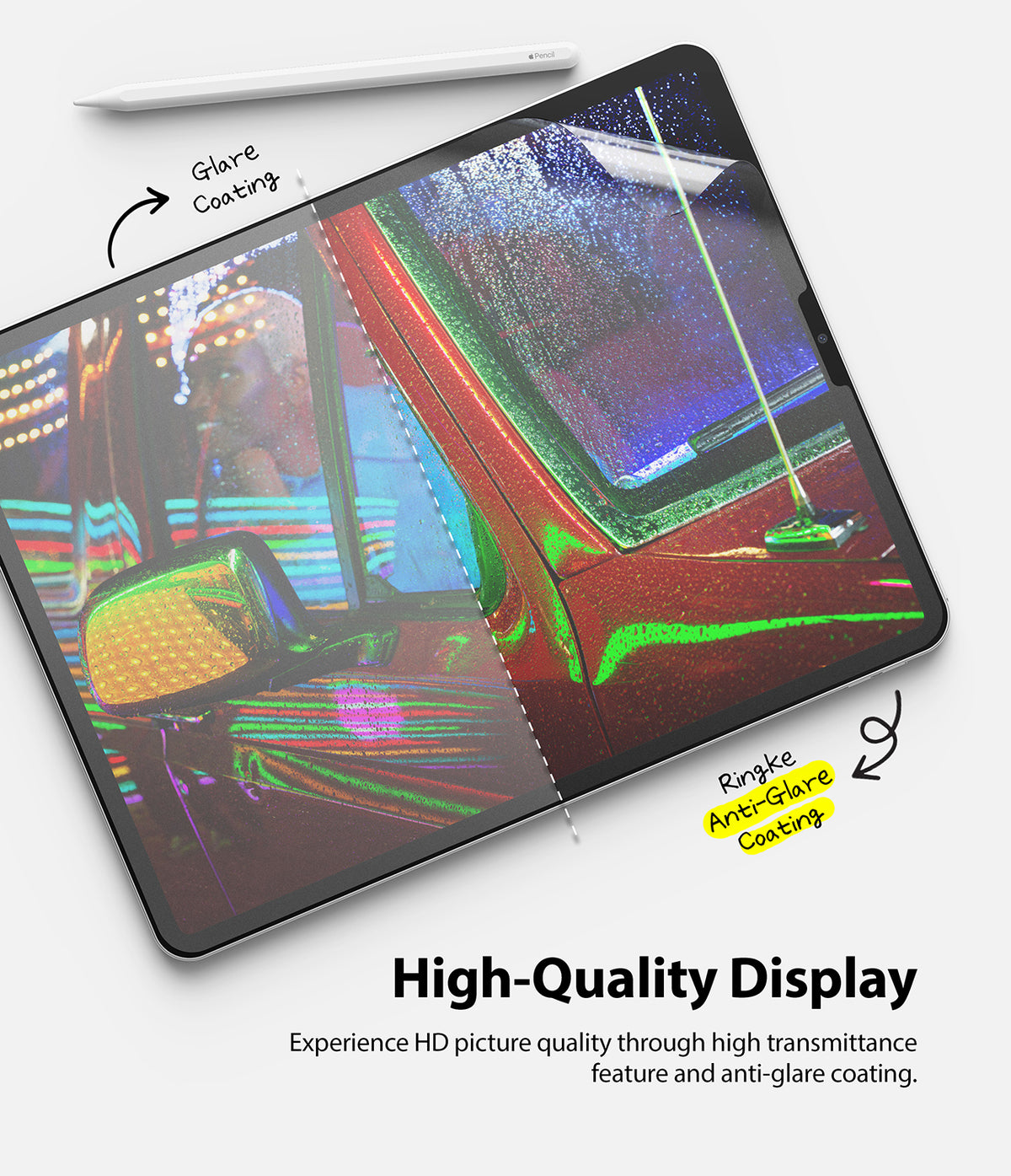 Paper Touch Film Hard | iPad - iPad screen showing a split-view comparison between standard glare and Ringke anti-glare coating.