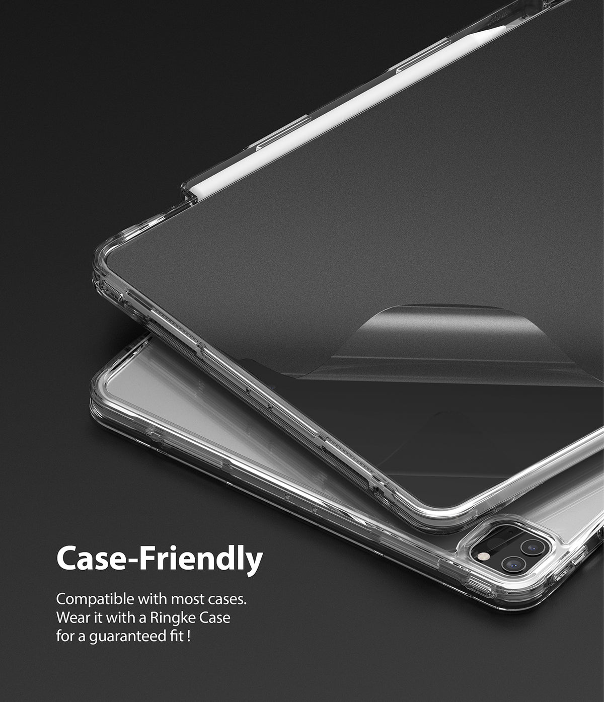 Paper Touch Film Hard | iPad - iPad with matte screen protector being applied, shown inside a clear protective case.