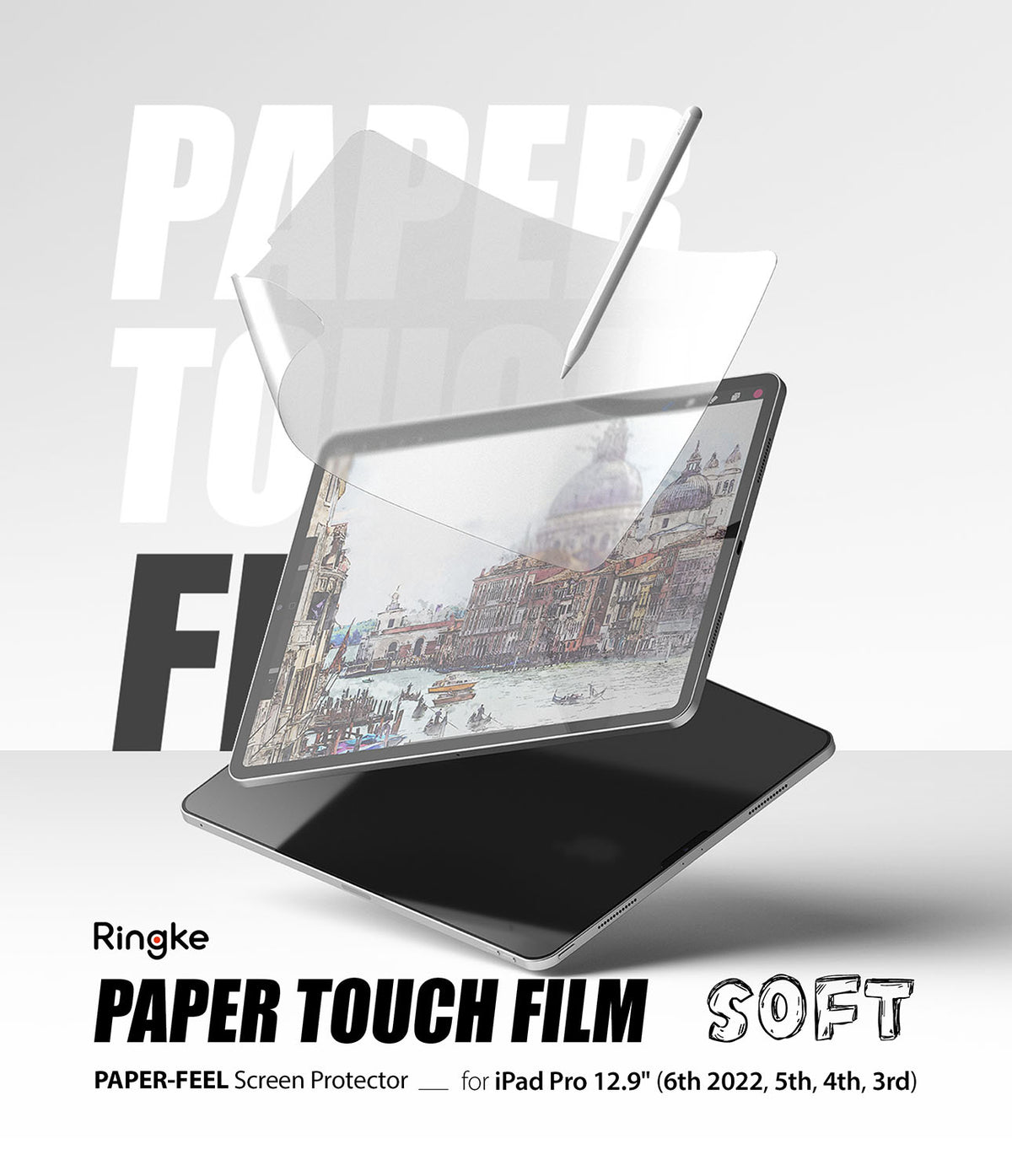 Paper Touch Film Soft | iPad - Matte screen protector being applied to an iPad Pro with a stylus, showing a sketch.