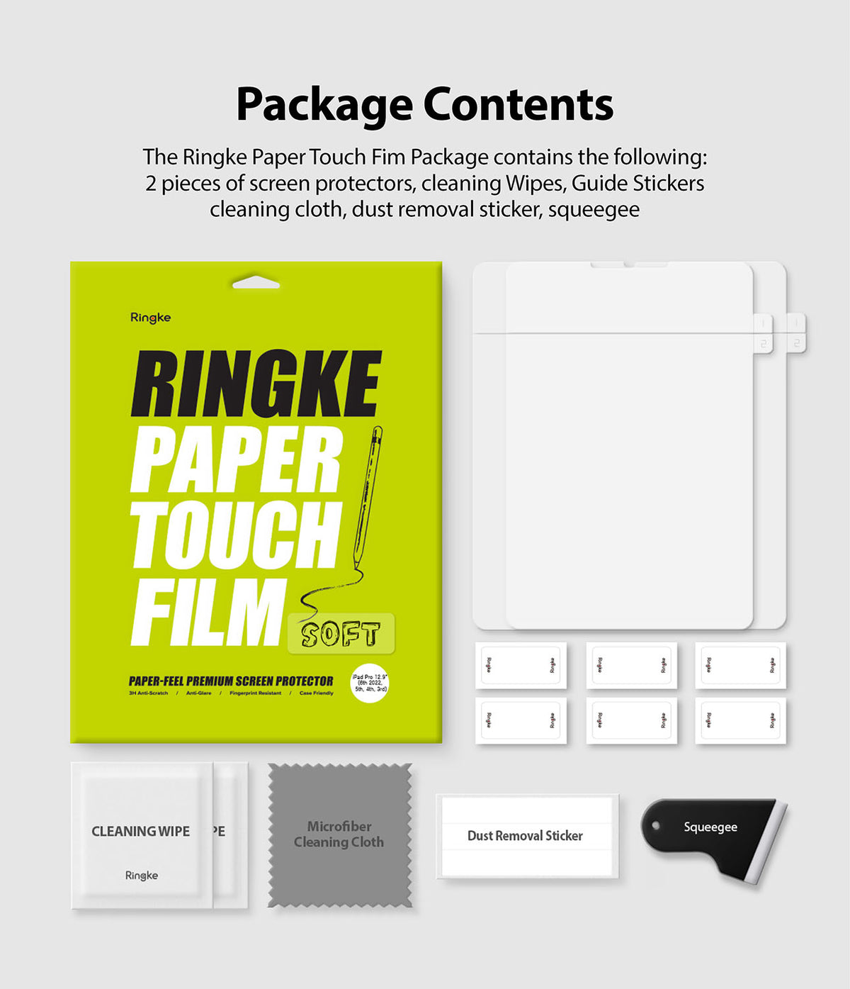Paper Touch Film Soft | iPad - Ringke screen protector package with two films, cleaning wipes, guide stickers, cloth, and squeegee.