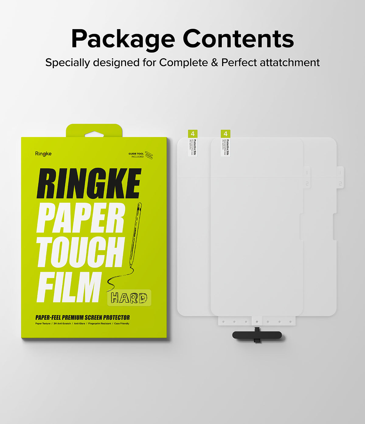 Paper Touch Film Hard | iPad - Ringke screen protector packaging next to two clear film sheets and an installation guide tool.