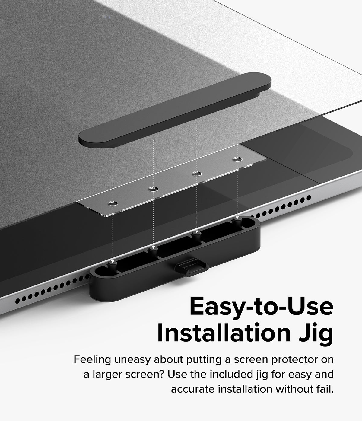 Paper Touch Film Soft | iPad - An installation jig aligning a screen protector onto an iPad screen with dotted guide lines.