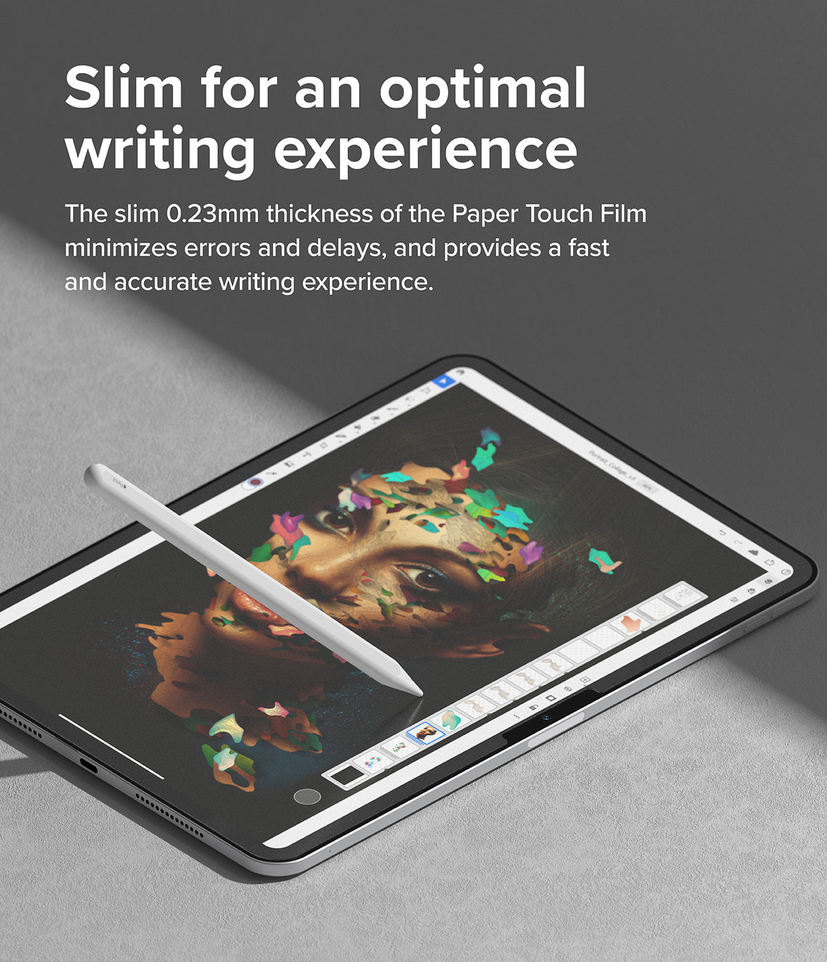 Paper Touch Film Soft | iPad - iPad with stylus drawing digital art on screen, highlighting slim 0.23mm film for writing precision.