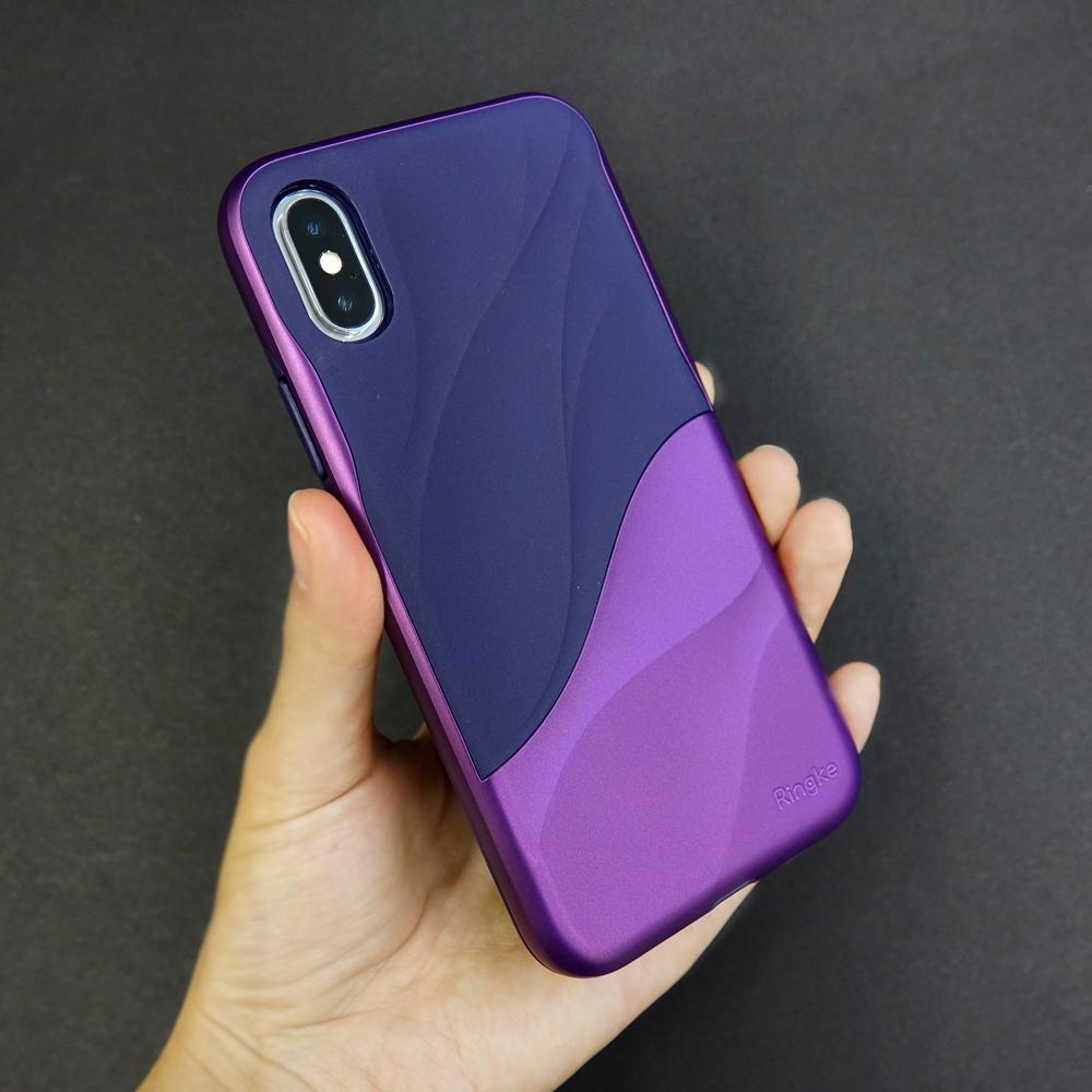 iPhone X Case | Wave - A hand holds a metallic purple iPhone X case featuring a dual-tone wave pattern and Ringke branding.