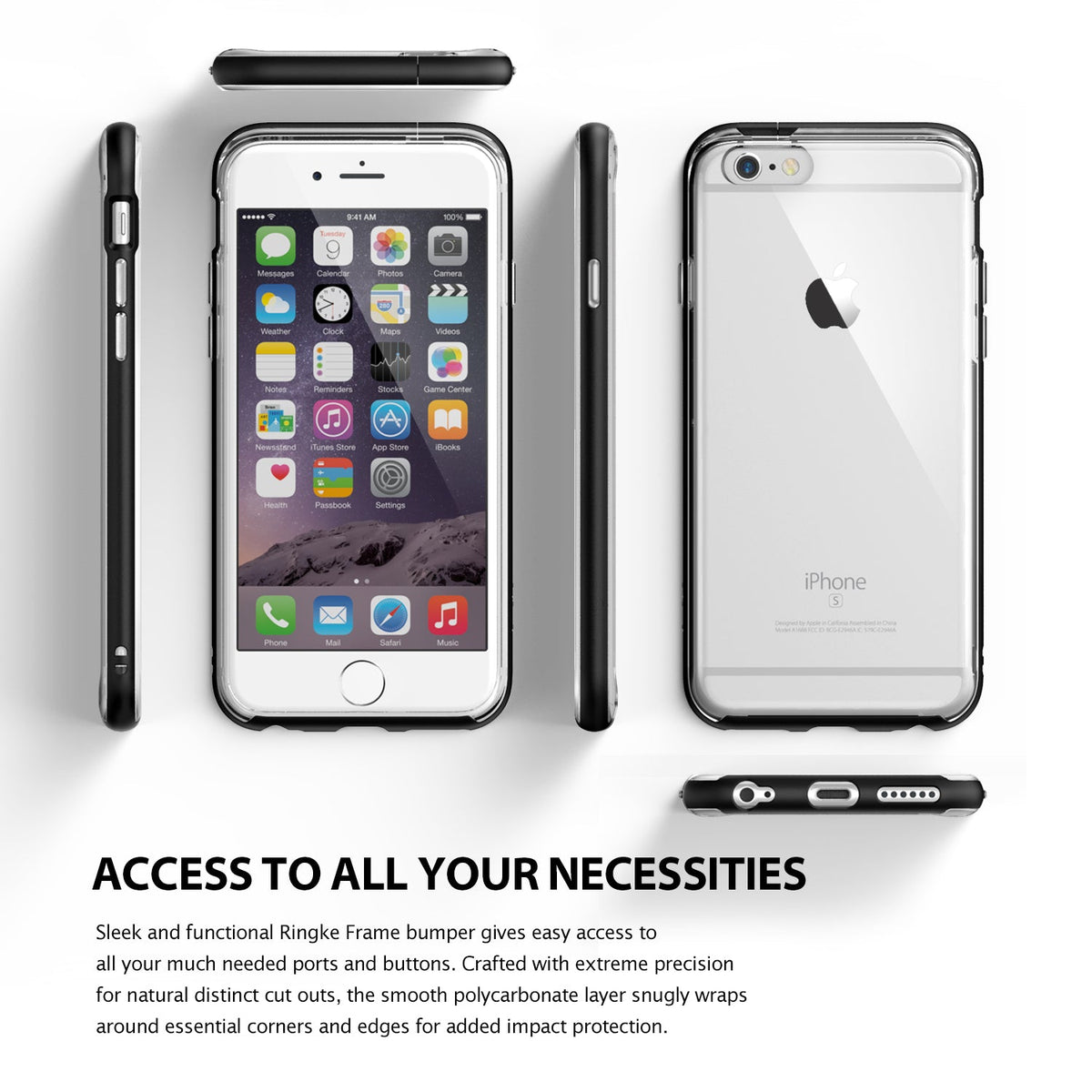iPhone 6s / 6 Case | Frame - Multiple views of an iPhone 6s in a sleek black bumper case on a white background.
