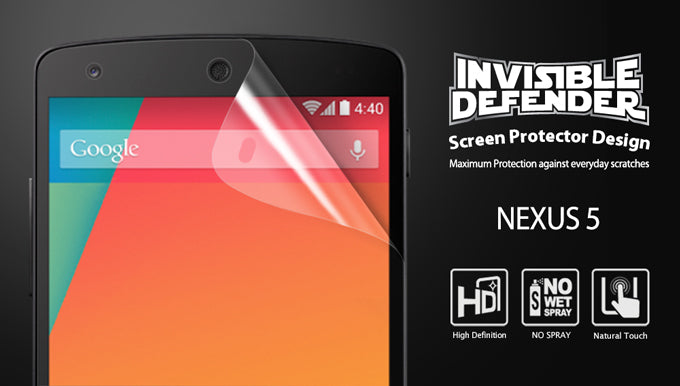 Google Nexus 5 Screen Protector | Film (3P) - Clear film peeling off a Nexus 5 screen with Invisible Defender branding.