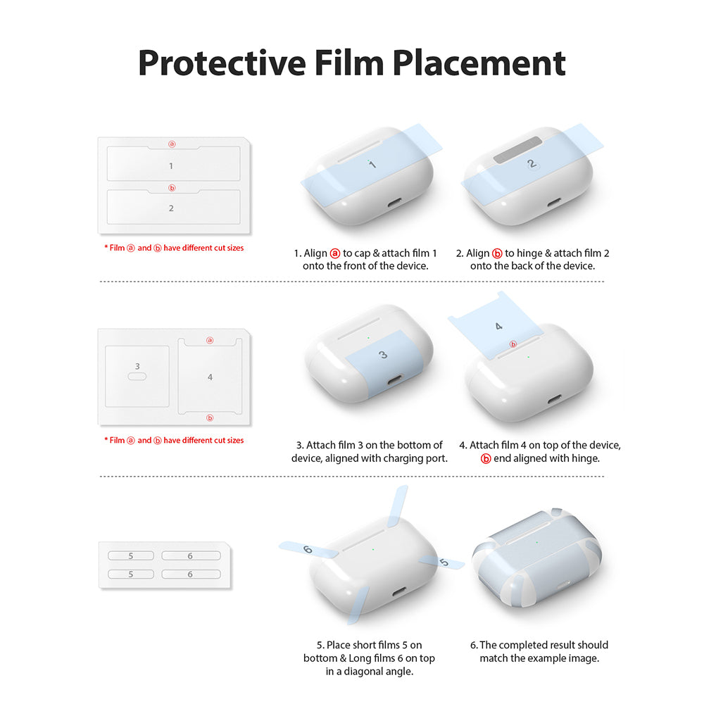 AirPods Pro Case - Peach Pink - Six-step instructional diagram showing how to apply protective films to an AirPods Pro case.