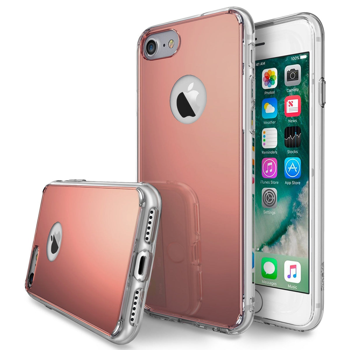 iPhone 7 Case | Mirror - Rose gold reflective phone cases shown from back and side angles with an iPhone screen visible.