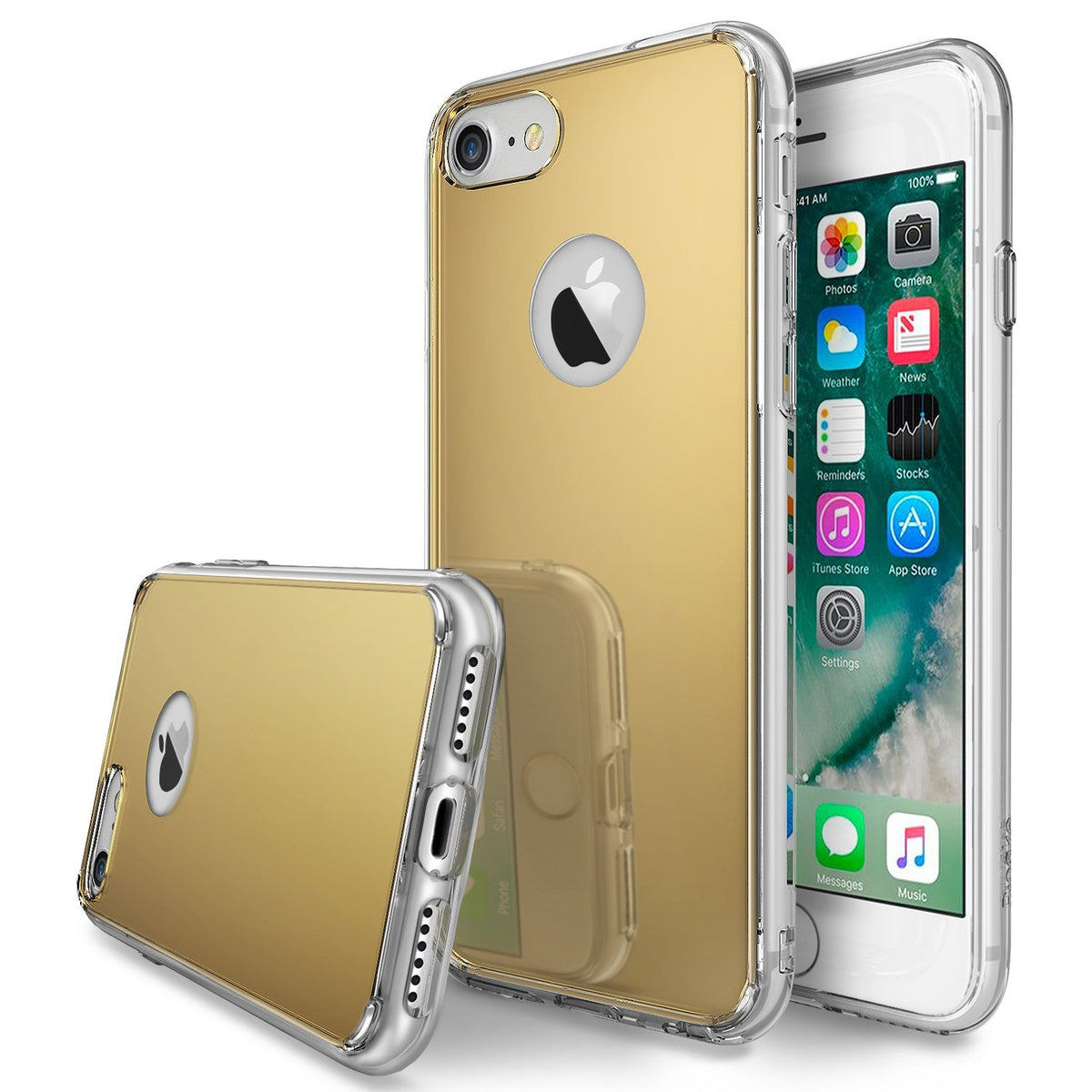 iPhone 7 Case | Mirror - Gold reflective phone case with clear bumper, shown from back and front angles on an iPhone.