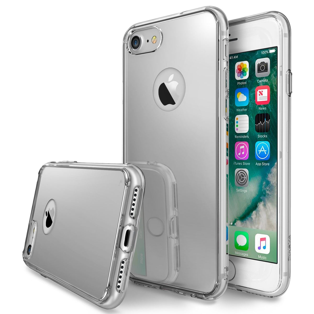 iPhone 7 Case | Mirror - Reflective silver iPhone 7 cases shown from the back and front with an active screen display.