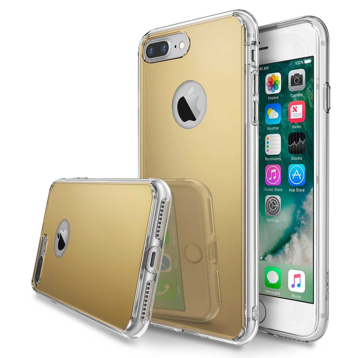 iPhone 7 Plus Case | Mirror - Gold reflective phone case with clear bumper, shown from back and side angles on an iPhone.