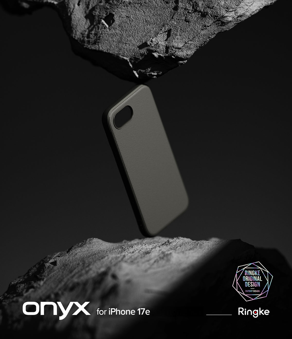 iPhone 17e Case | Onyx - A black phone case floating between two jagged, dark rock formations against a black background.