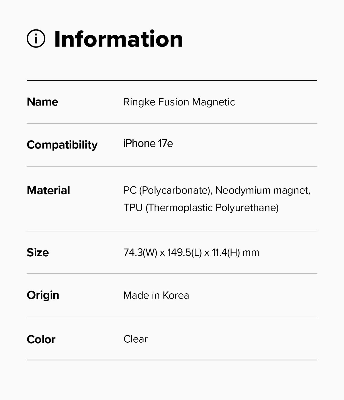 iPhone 17e Case | Fusion Magnetic - Information table listing product name, compatibility, material, size, origin, and color.