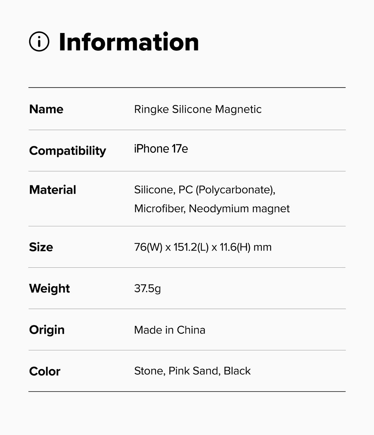 iPhone 17e Case | Silicone Magnetic - Information table listing product name, compatibility, materials, size, weight, and colors.