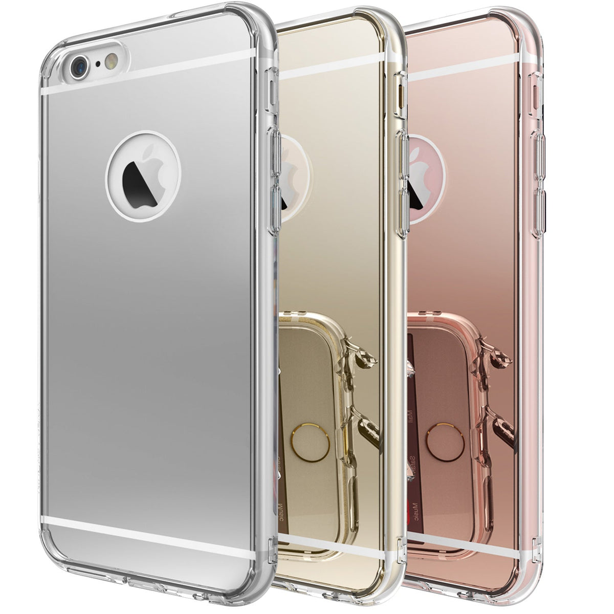iPhone 6s / 6 Case | Mirror - Three reflective mirror-finish phone cases in silver, gold, and rose gold with clear bumpers.