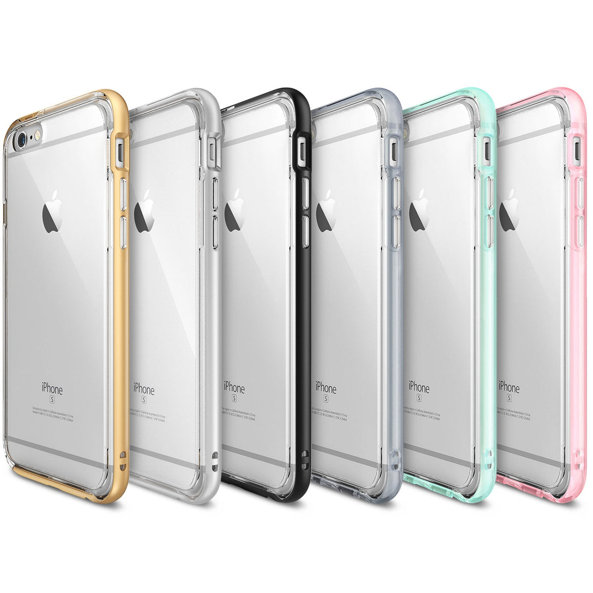 iPhone 6s / 6 Case | Frame - Six iPhone 6s phones in clear cases with gold, silver, black, grey, mint, and pink frames.