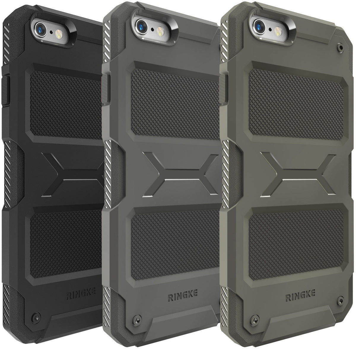 iPhone 6s Plus / 6 Plus Case | Rebel - Three rugged, textured Ringke phone cases in black, gray, and olive green.