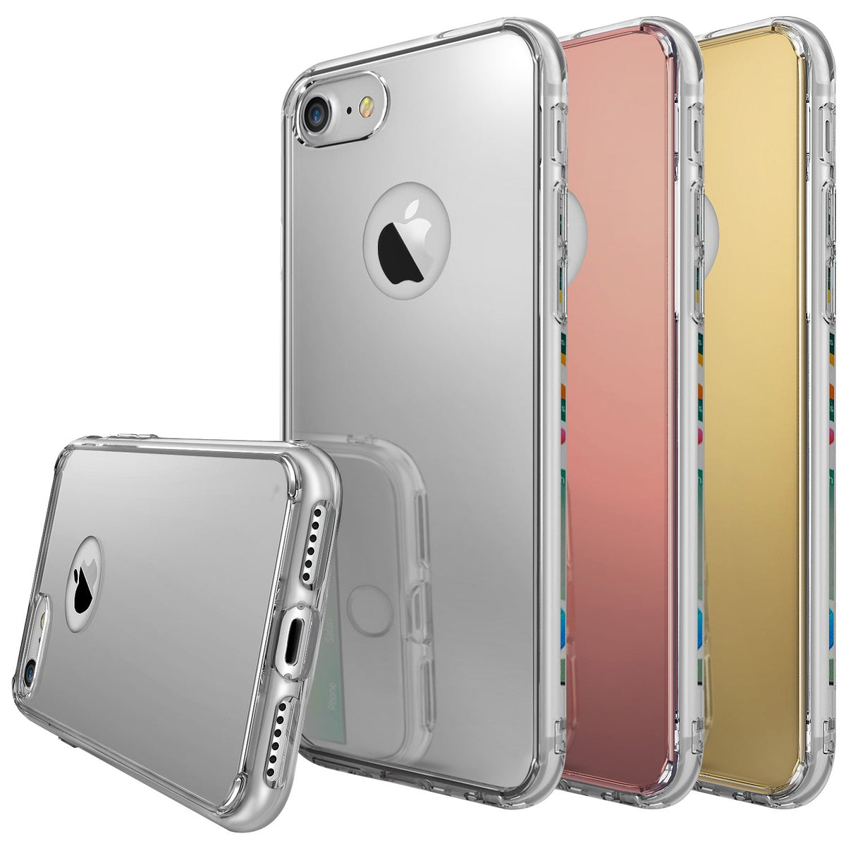 iPhone 7 Case | Mirror - Four reflective mirror-finish iPhone 7 cases in silver, rose gold, and gold colors.