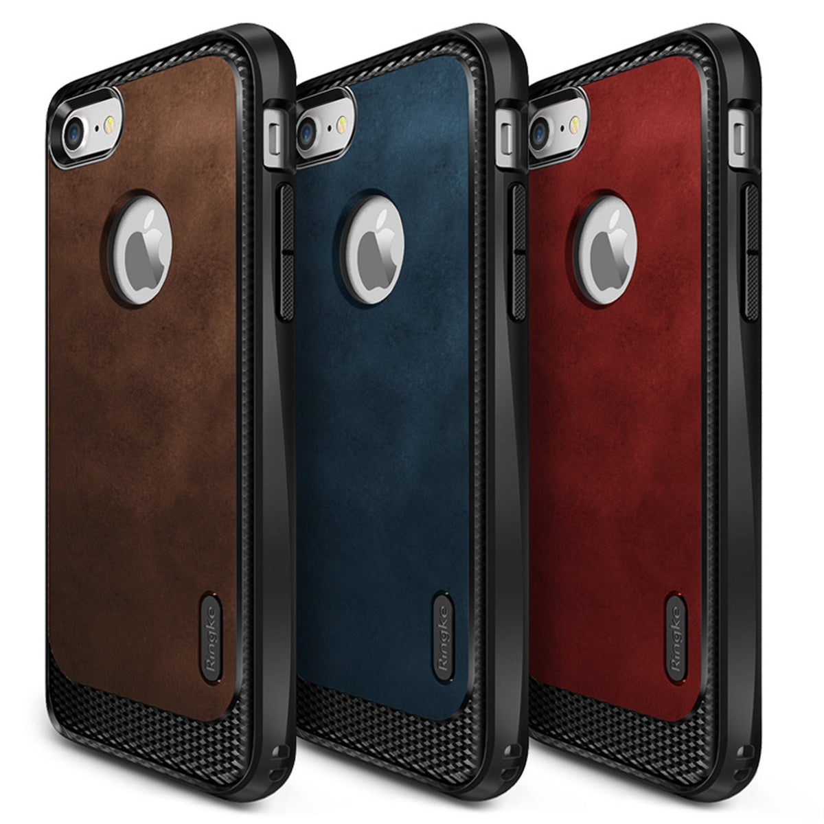 iPhone 7 Case | Flex S - Three iPhone 7 cases in brown, blue, and red with black carbon fiber accents and Apple logo cutouts.