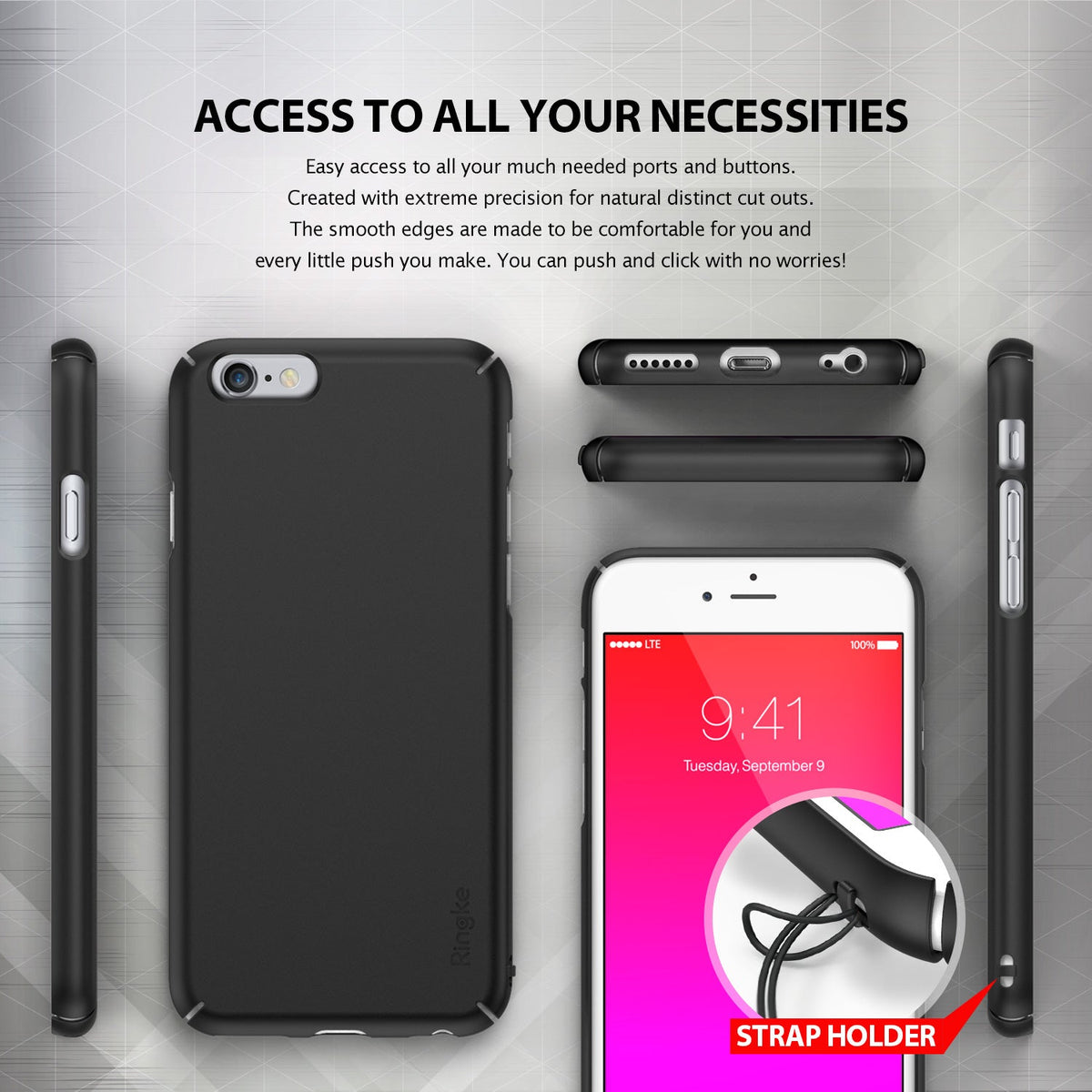 iPhone 6 Case | Slim - Black phone case shown from multiple angles with precise cutouts and a built-in strap holder.