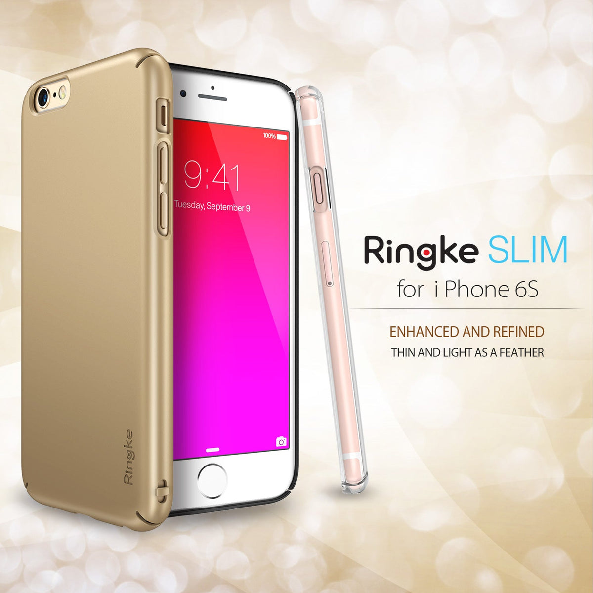 iPhone 6 Case | Slim - Gold iPhone 6S in a slim case next to a clear case on a bokeh background with product text.