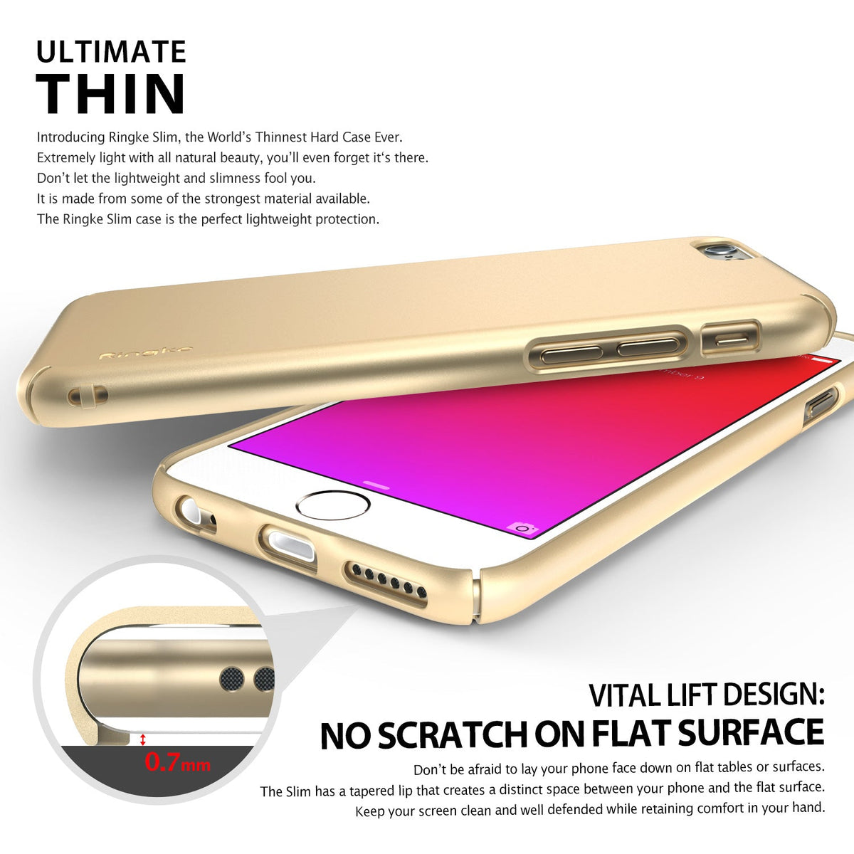 iPhone 6s Plus Case | Slim - Gold slim phone case on an iPhone with a close-up showing the 0.7mm tapered lift design.