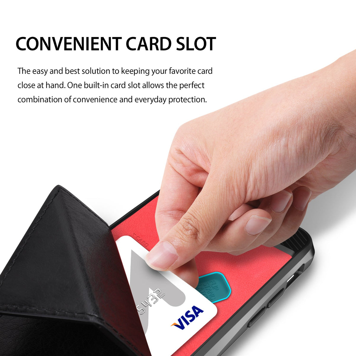iPhone 6s / 6 Case | Edge - Hand sliding a credit card into the built-in slot on the back of a black phone case.