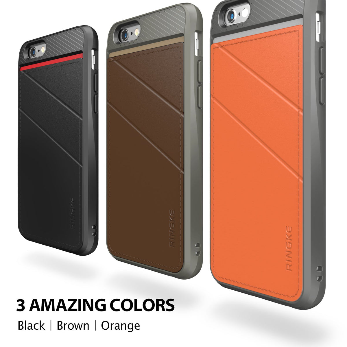 iPhone 6s / 6 Case | Edge - Three Ringke phone cases in black, brown, and orange with diagonal textured back panels.