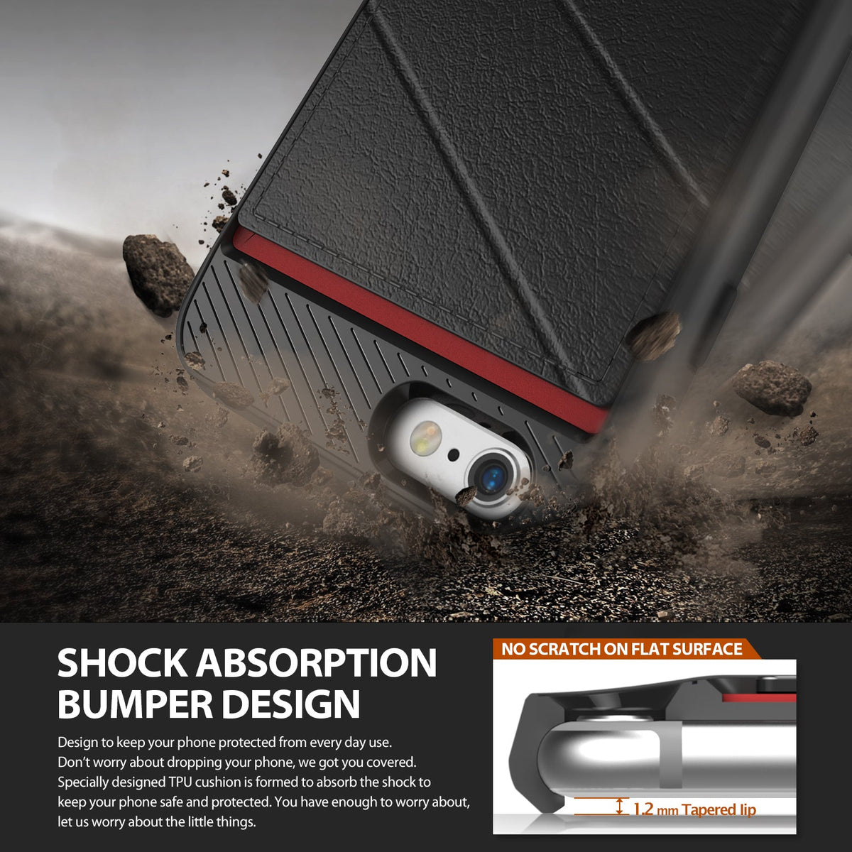 iPhone 6s / 6 Case | Edge - Black and red protective phone case hitting dirt with a 1.2mm tapered lip for screen protection.