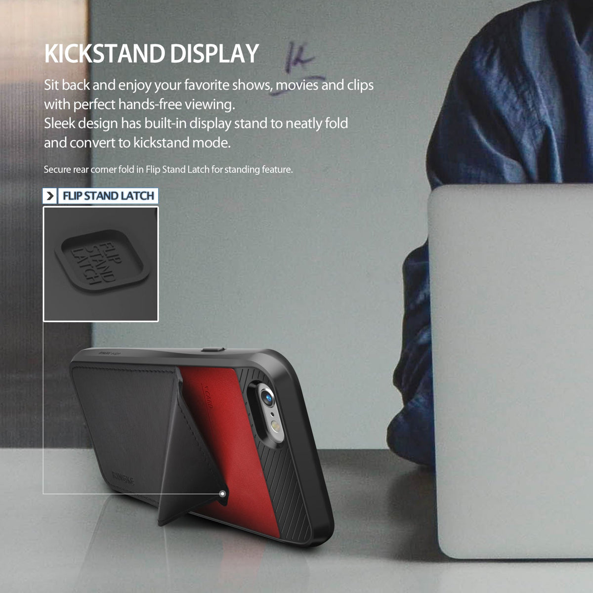 iPhone 6s / 6 Case | Edge - Black phone case with a red back and integrated kickstand propped up on a desk.