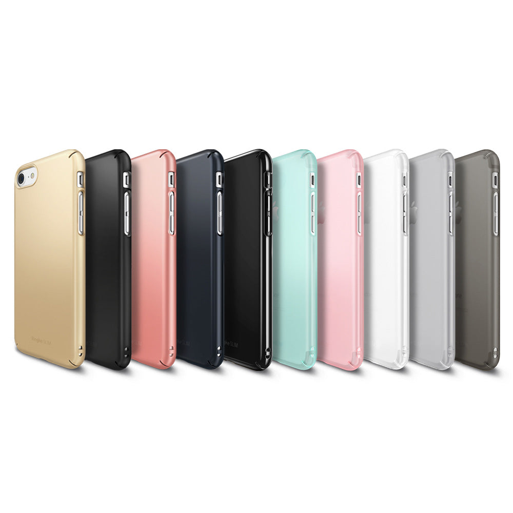 iPhone 8 / 7 Case | Slim - A row of slim iPhone 7/8 cases in various colors including gold, black, pink, blue, white, and gray.