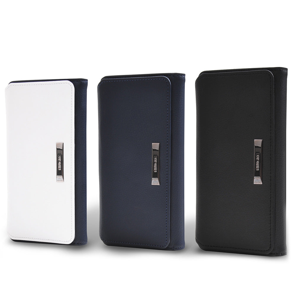 iPhone 8 Plus / 7 Plus Case | Wallet - Three leather wallet cases in white, navy, and black with silver metal branding.