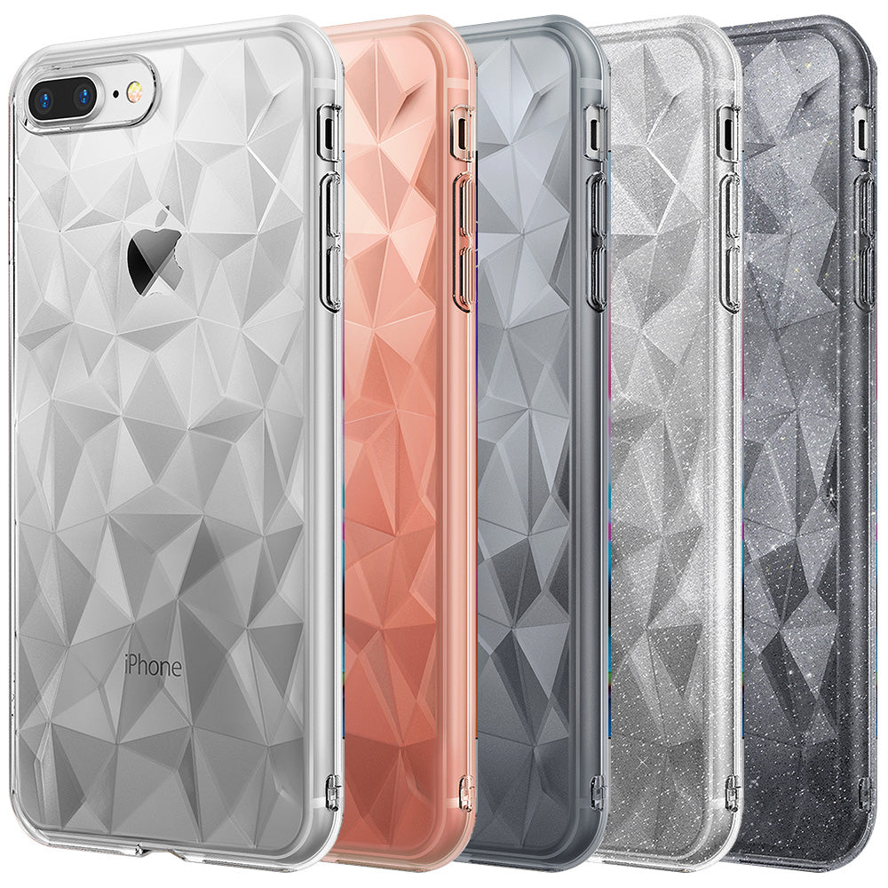 iPhone 8 Plus / 7 Plus Case | Air Prism - Five iPhone cases with geometric prism patterns in clear, rose gold, grey, and glitter finishes.