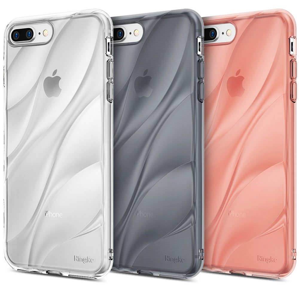 iPhone 8 Plus / 7 Plus Case | Flow - Three transparent phone cases in clear, gray, and pink with a wavy, rippled design.