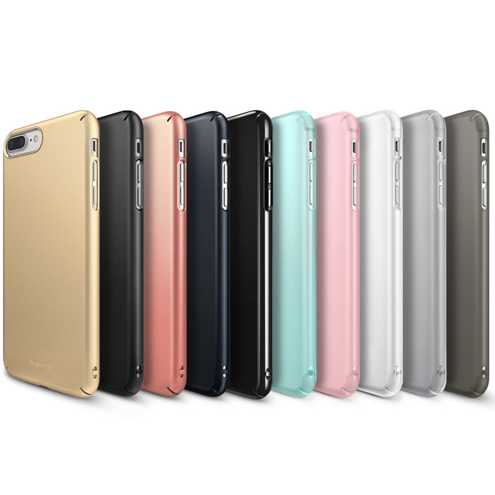 iPhone 8 Plus / 7 Plus Case | Slim - Ten slim phone cases in various colors lined up in a row against a white background.