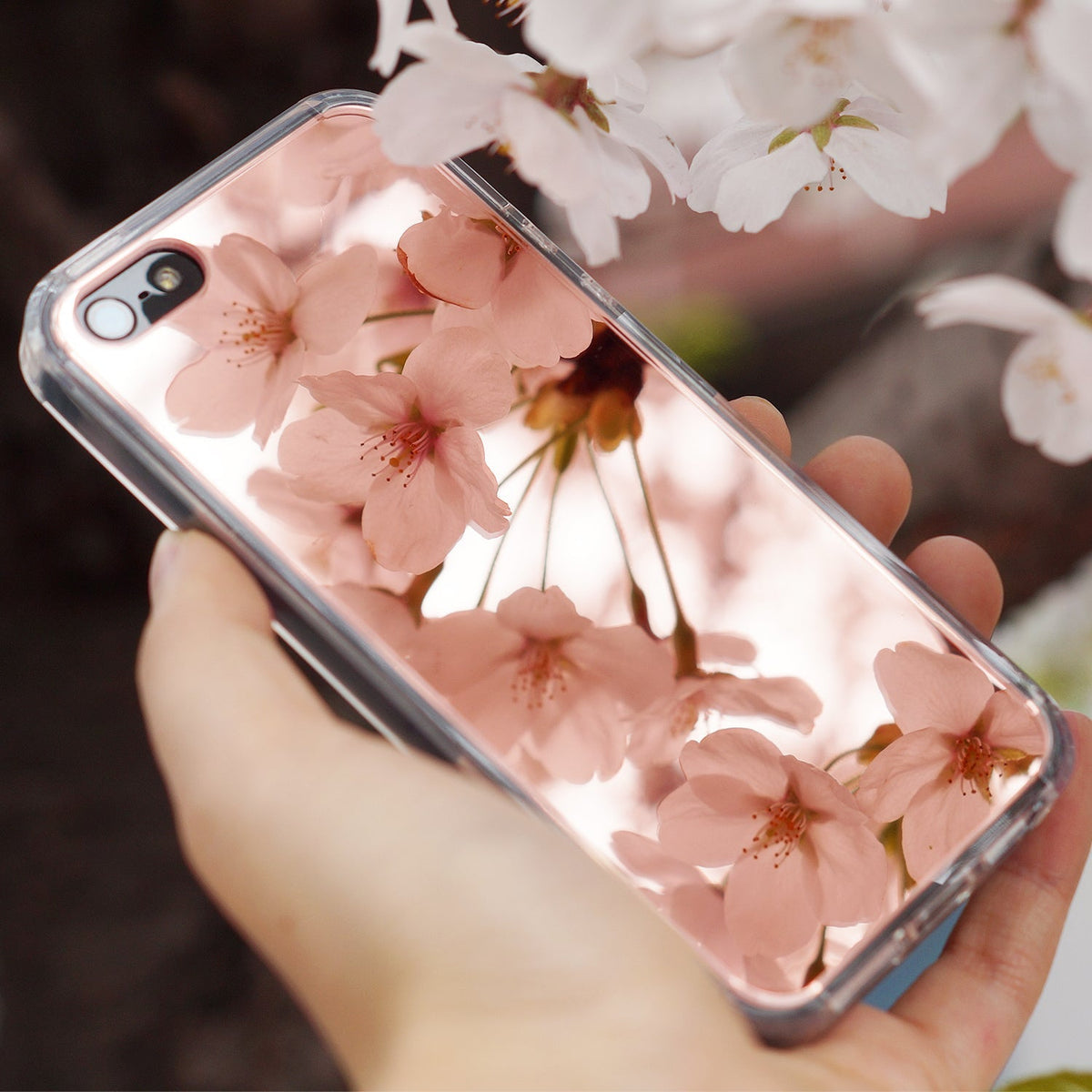 iPhone SE / 5s / 5 Case | Mirror - Hand holding a reflective phone case mirroring pink cherry blossoms.