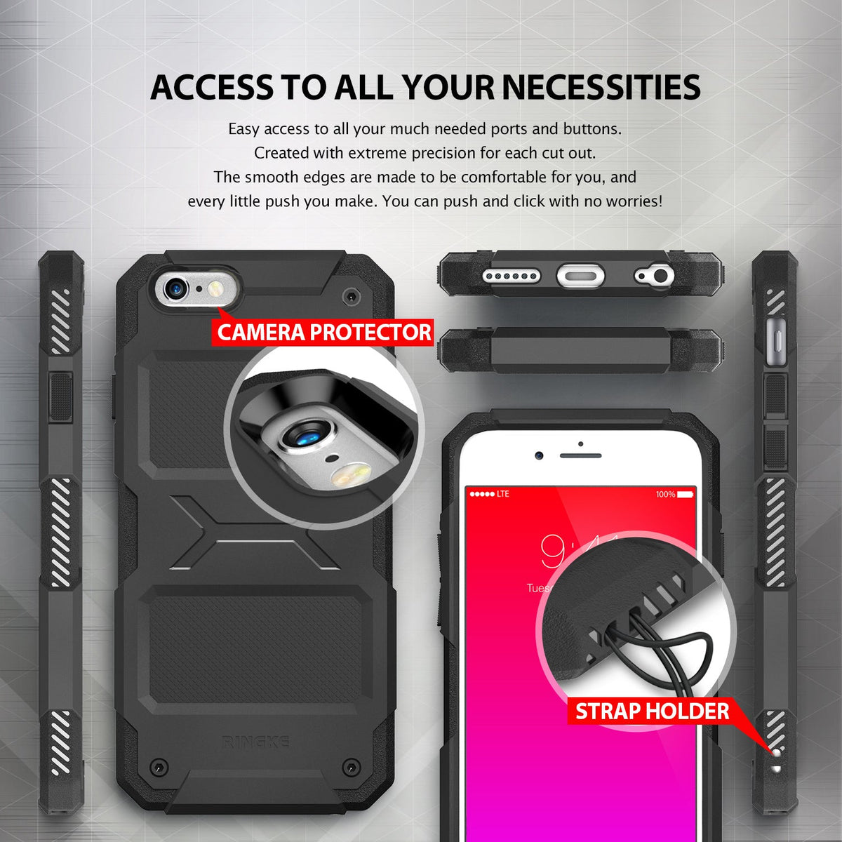 iPhone 6s Plus / 6 Plus Case | Rebel - Rugged black phone case showing camera protection, port cutouts, and a strap holder.