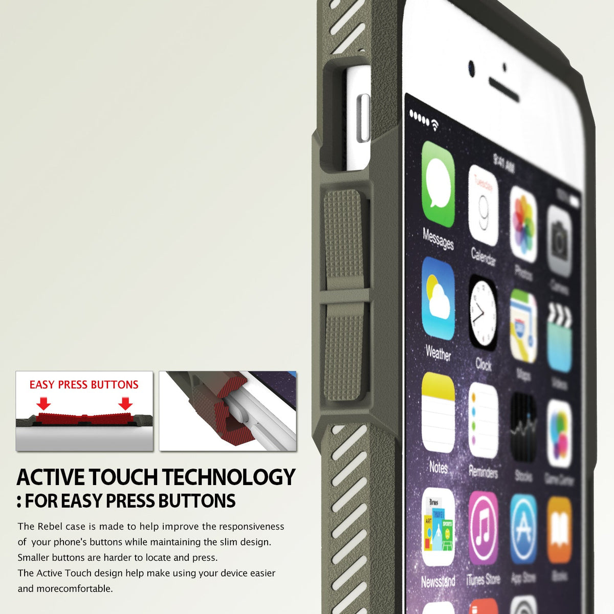 iPhone 6s Plus / 6 Plus Case | Rebel - Close-up of olive green phone case highlighting tactile, easy-press side buttons.