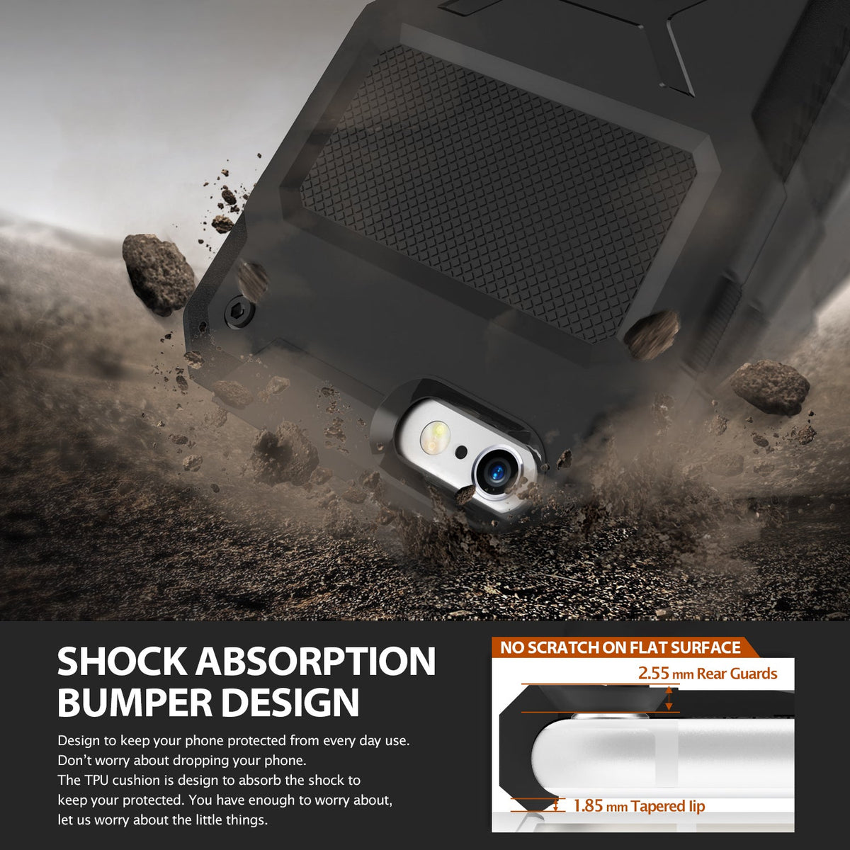 iPhone 6s Plus / 6 Plus Case | Rebel - Rugged black phone case hitting dirt, highlighting shock-absorbing design and protective raised guards.
