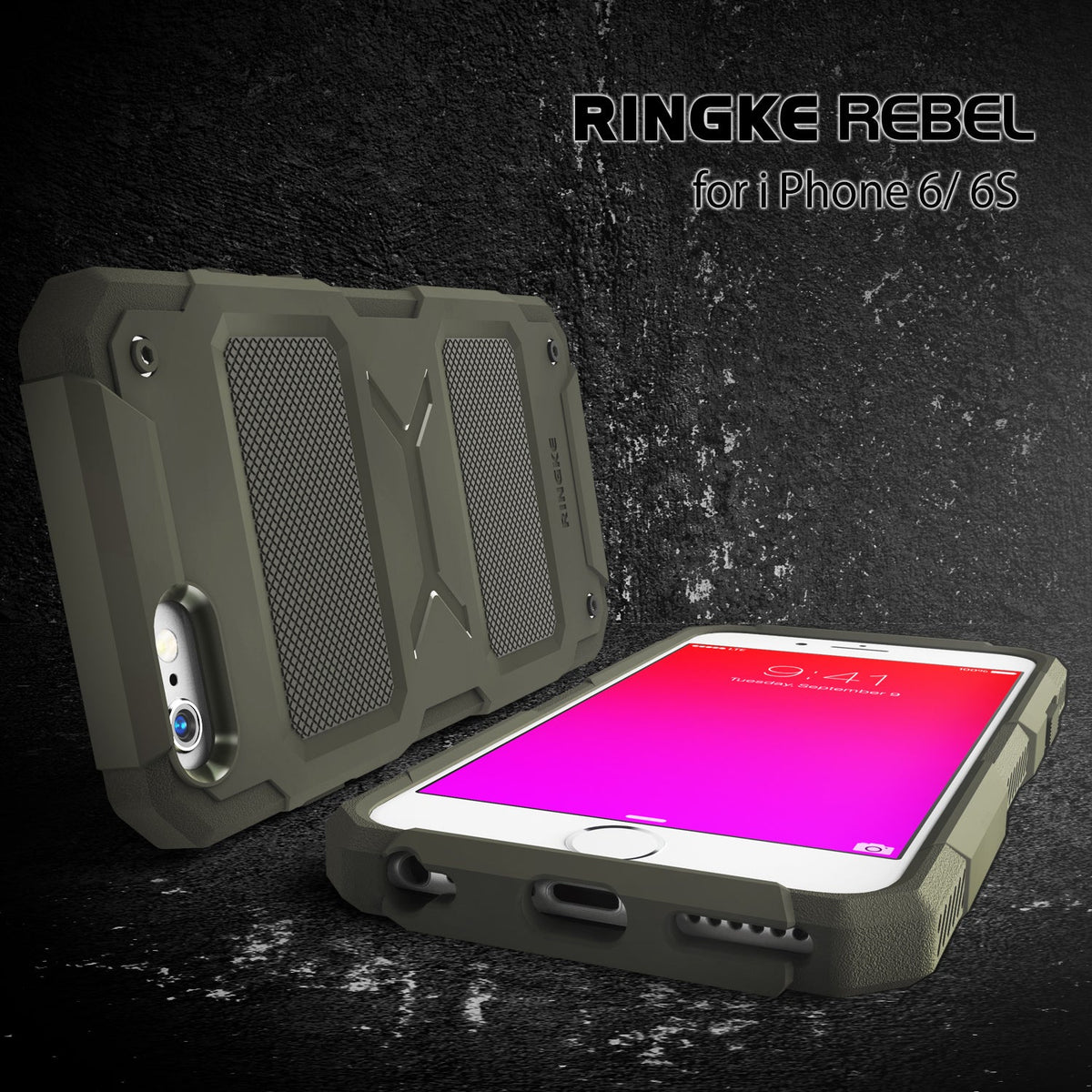 iPhone 6s Plus / 6 Plus Case | Rebel - Rugged olive green phone case shown from back and front on a dark textured background.