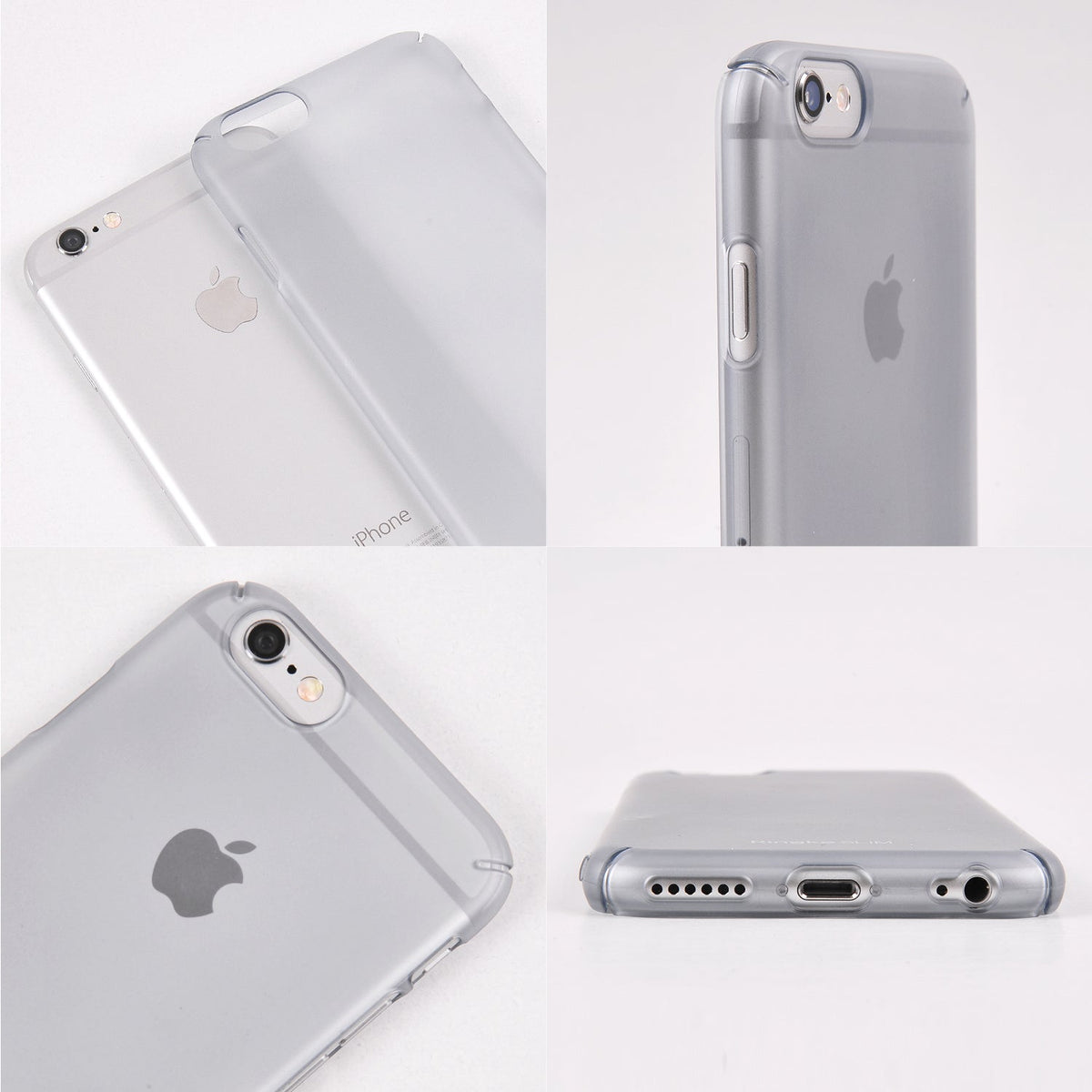 iPhone 6 Case | Slim - Four views of a translucent gray slim protective case fitted on a silver iPhone 6.