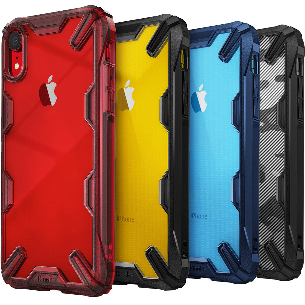 iPhone XR Case | Fusion-X - Four rugged Ringke Fusion-X cases in red, yellow, blue, and camo, showcasing iPhone XR backs.