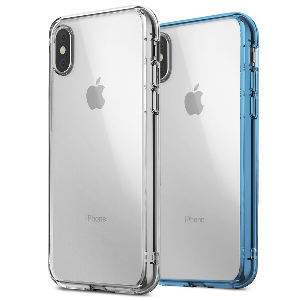 iPhone XS Case | Fusion - Two clear iPhone XS cases with transparent backs and silver or blue bumper frames.