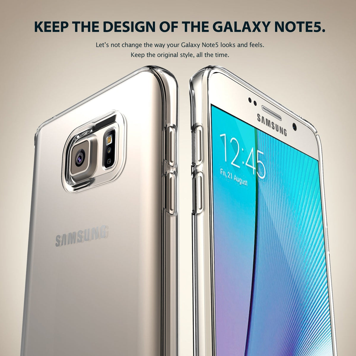 Galaxy Note 5 Case | Slim - Clear protective case on a Samsung Galaxy Note 5 showing front and back views.
