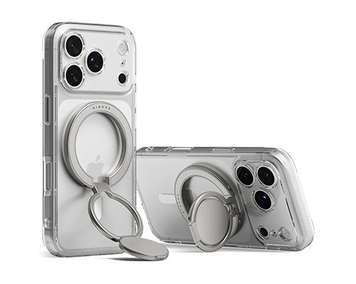 Two iPhone 17 pro max with clear cases attached ringke magnetic ring holder