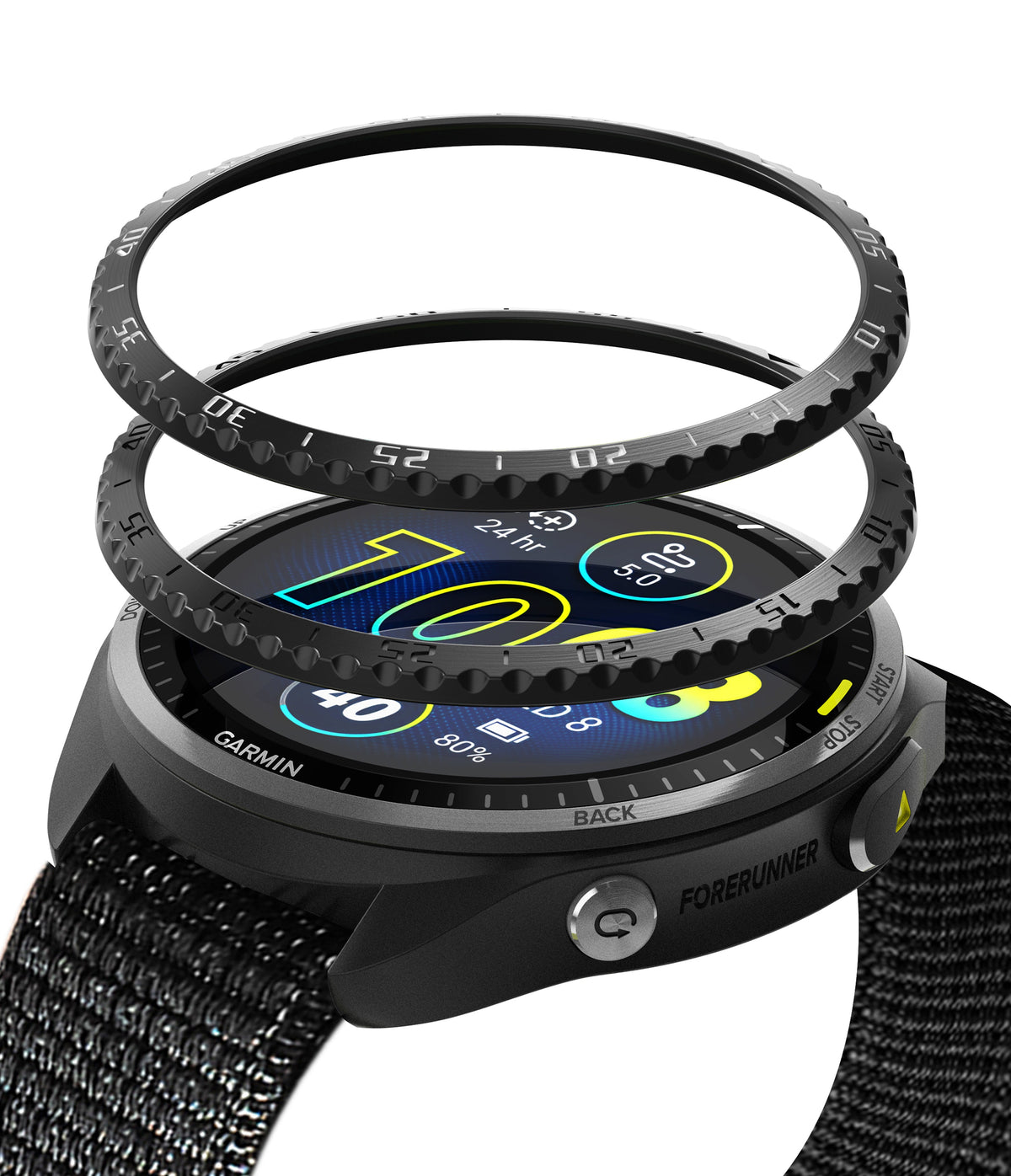 Forerunner 965 | Bezel Styling & Band - Exploded view of a black Garmin Forerunner 965 watch with a textured bezel hovering above.