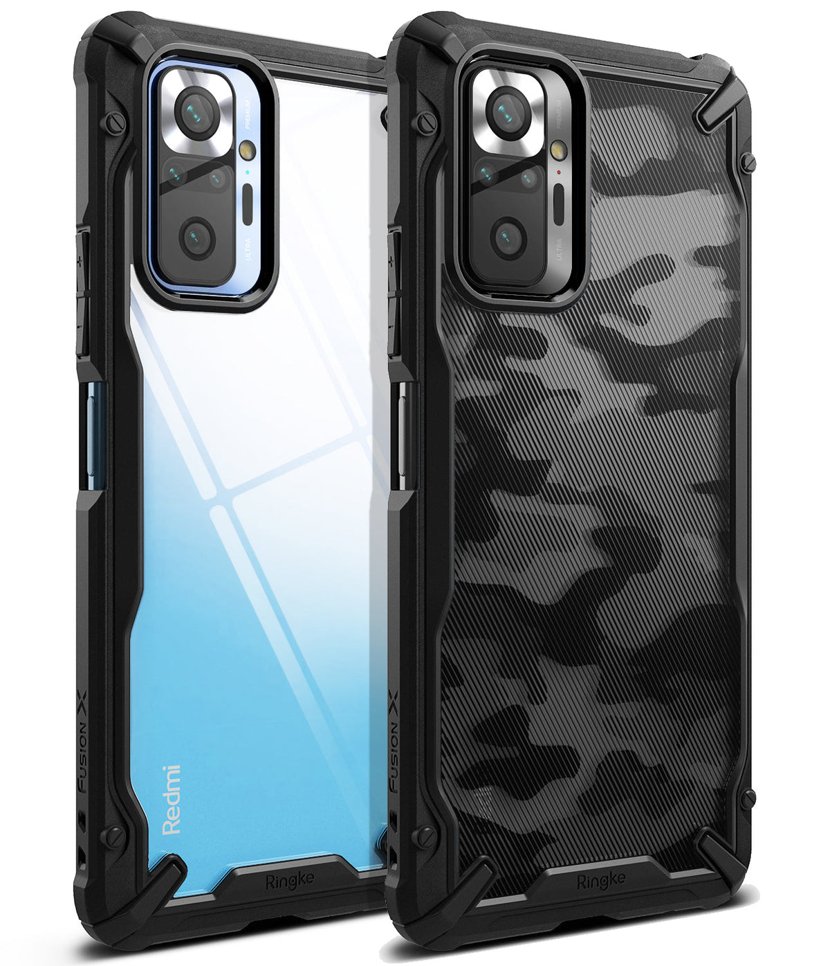 Redmi Note 10 Pro / 10 Pro Max Case | Fusion-X - Two rugged black phone cases, one clear and one camo, for Redmi Note 10.