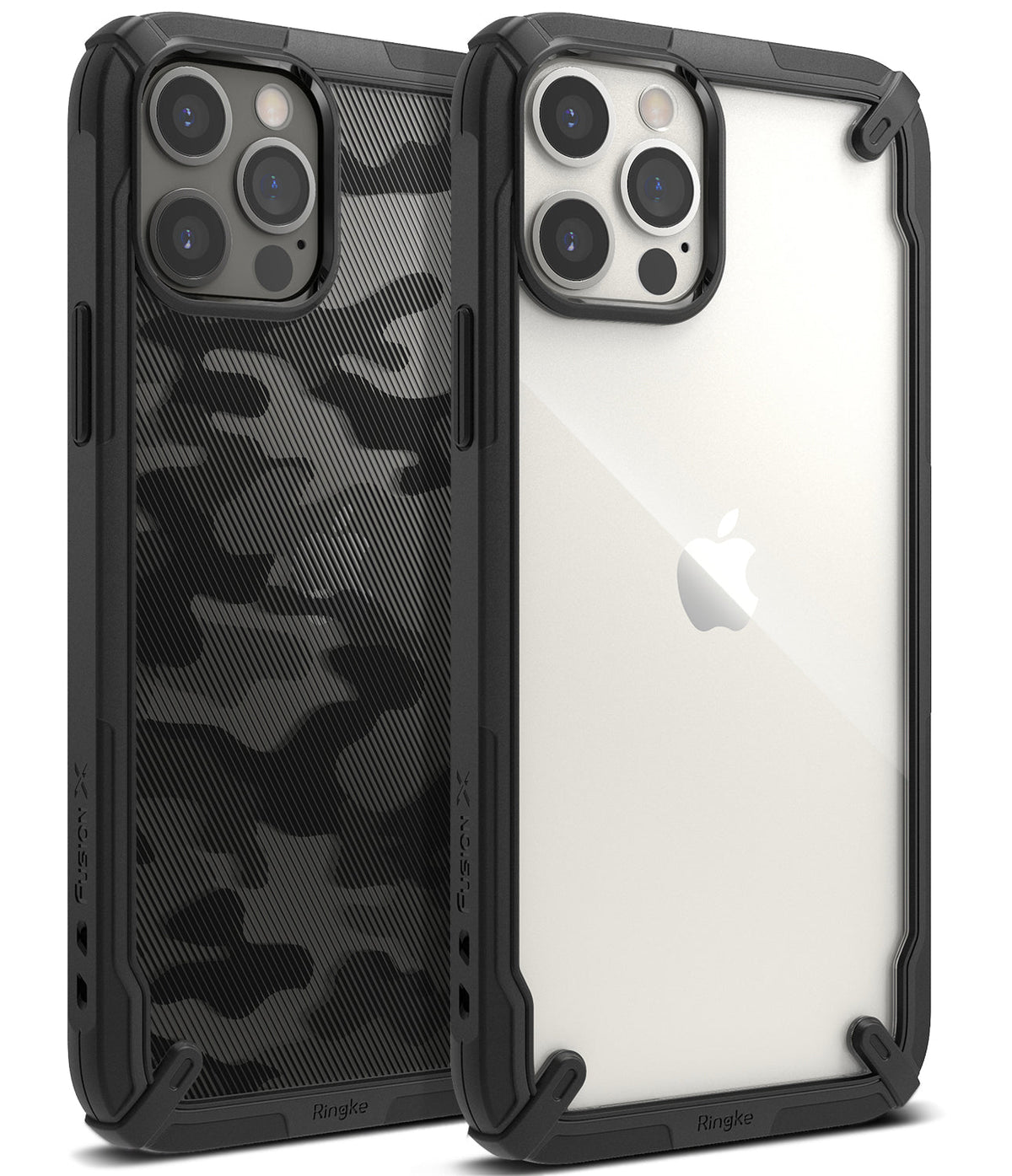 iPhone 12 Pro Max Case | Fusion-X - Two rugged black protective cases for iPhone 12 Pro Max, one with camo pattern, one clear.